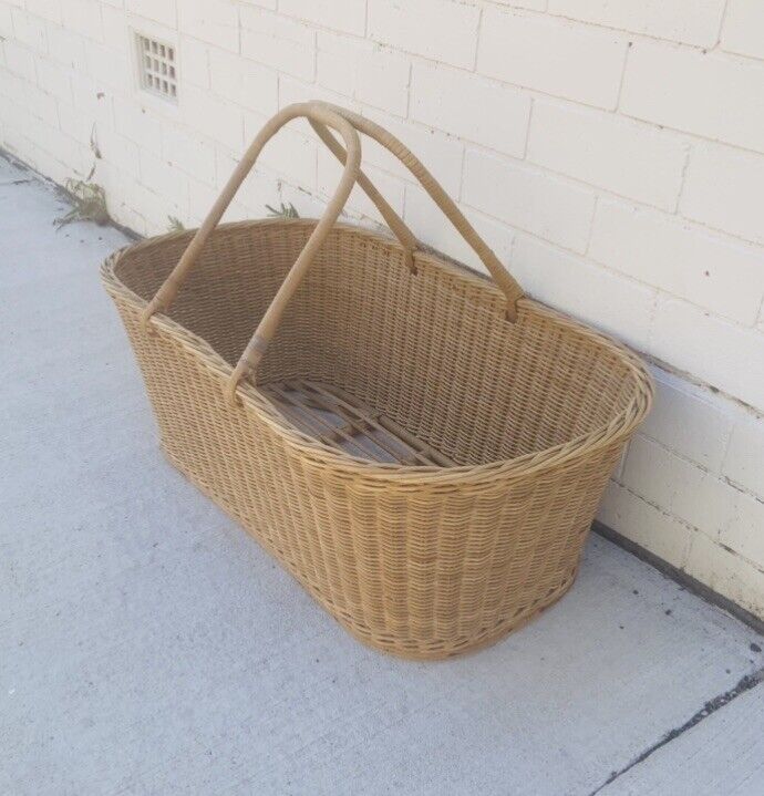 1970's Natural Wicker MOSES BABY BASKET  Carry Handles Bamboo Cane Rattan