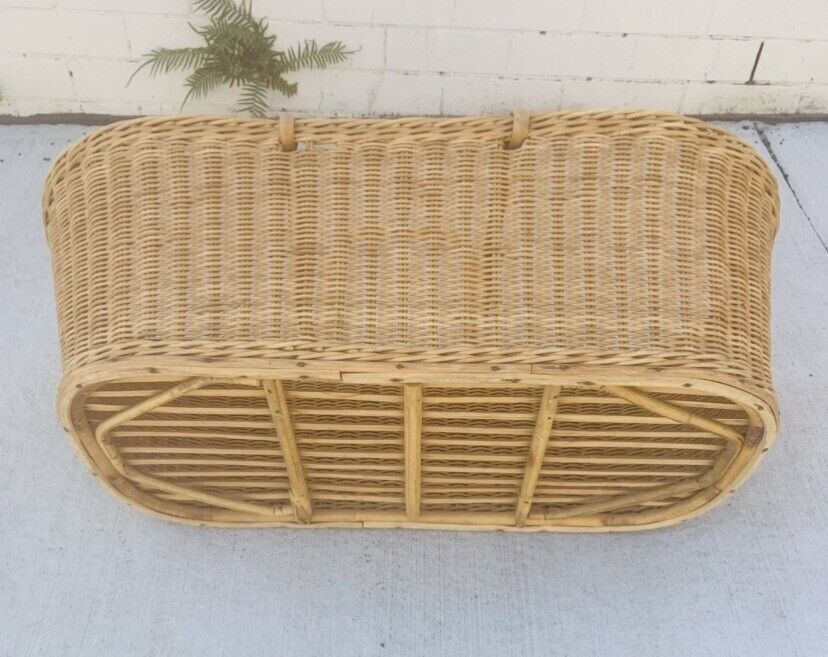 1970's Natural Wicker MOSES BABY BASKET  Carry Handles Bamboo Cane Rattan