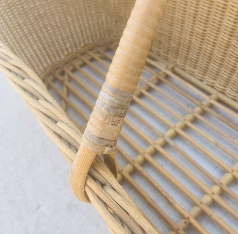 1970's Natural Wicker MOSES BABY BASKET  Carry Handles Bamboo Cane Rattan