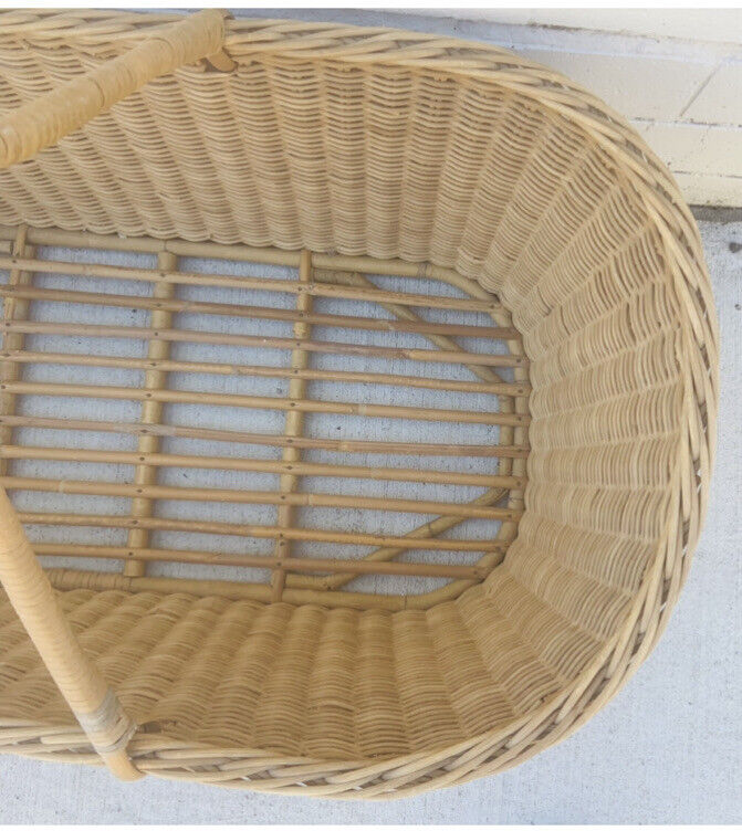 1970's Natural Wicker MOSES BABY BASKET  Carry Handles Bamboo Cane Rattan