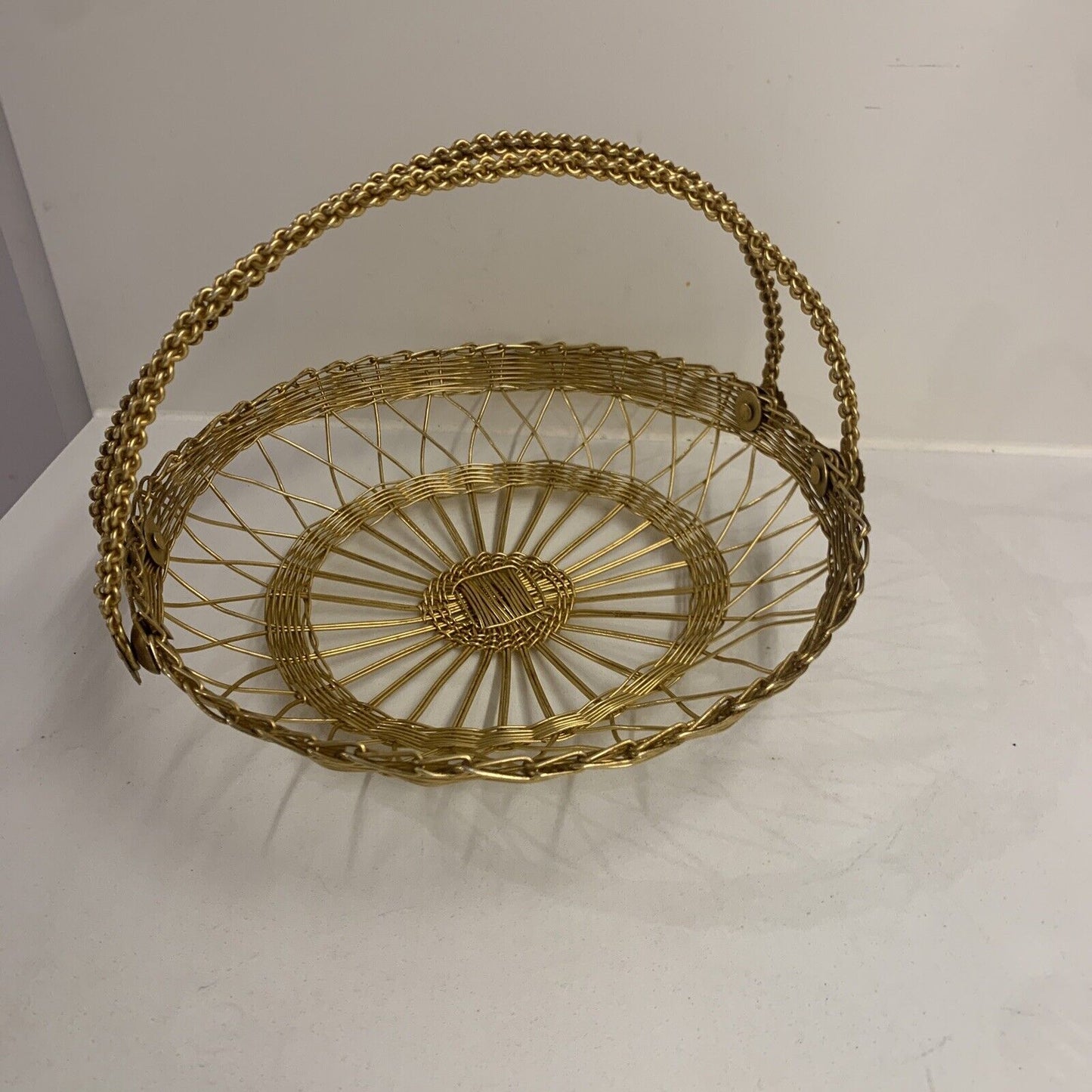 Vintage  Fine Brass Wire 2 Handled Basket Faust Screws Woven fits 15cm Plate