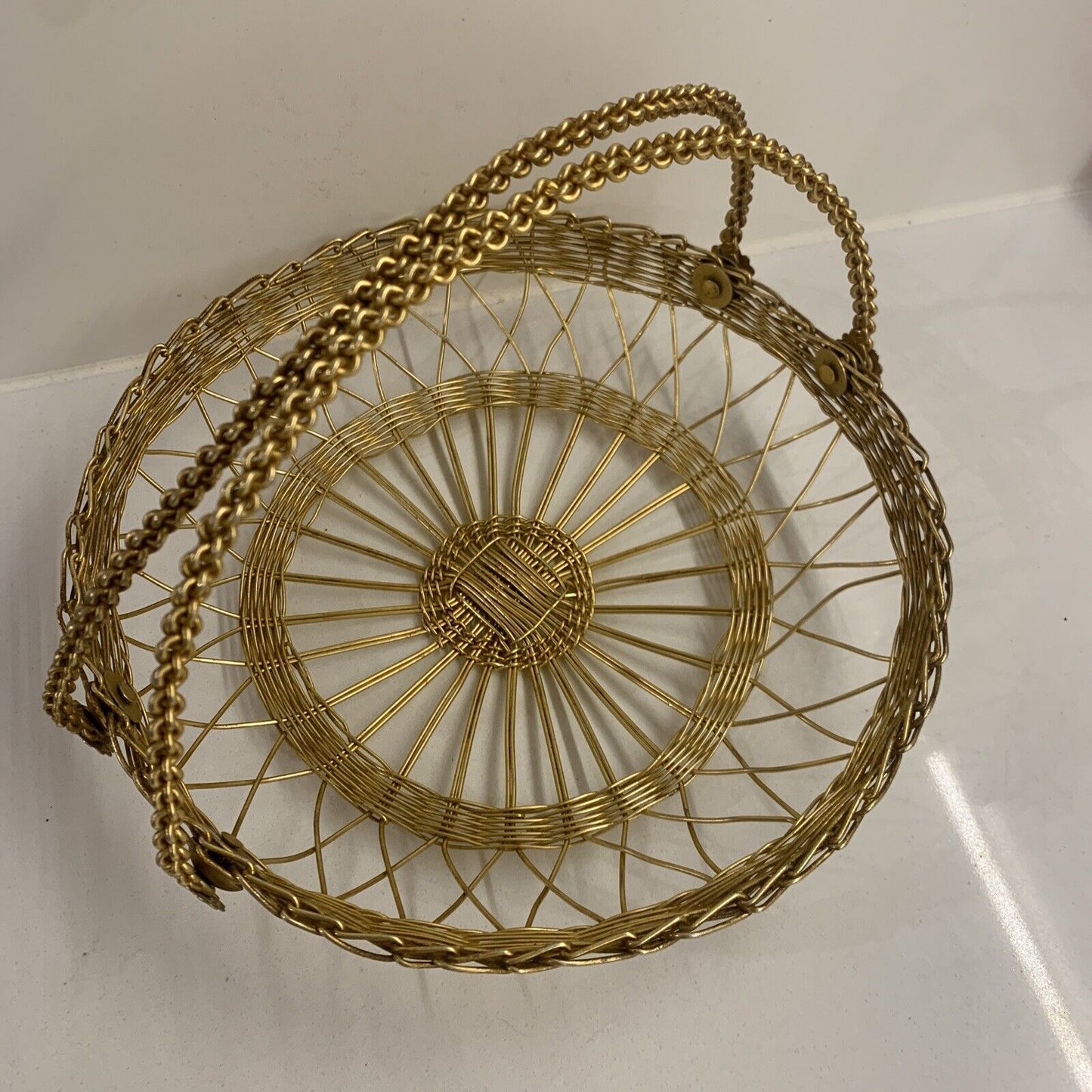 Vintage  Fine Brass Wire 2 Handled Basket Faust Screws Woven fits 15cm Plate