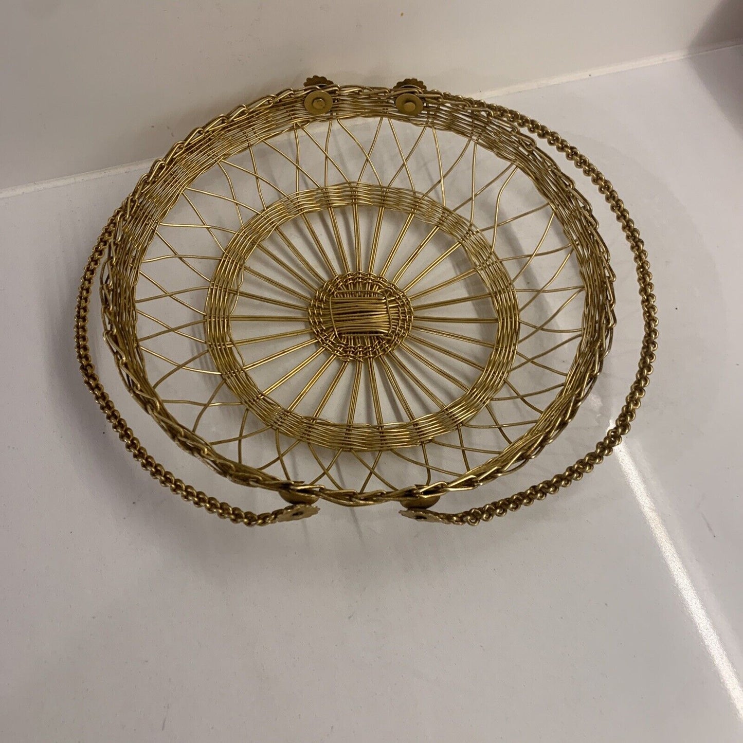 Vintage  Fine Brass Wire 2 Handled Basket Faust Screws Woven fits 15cm Plate