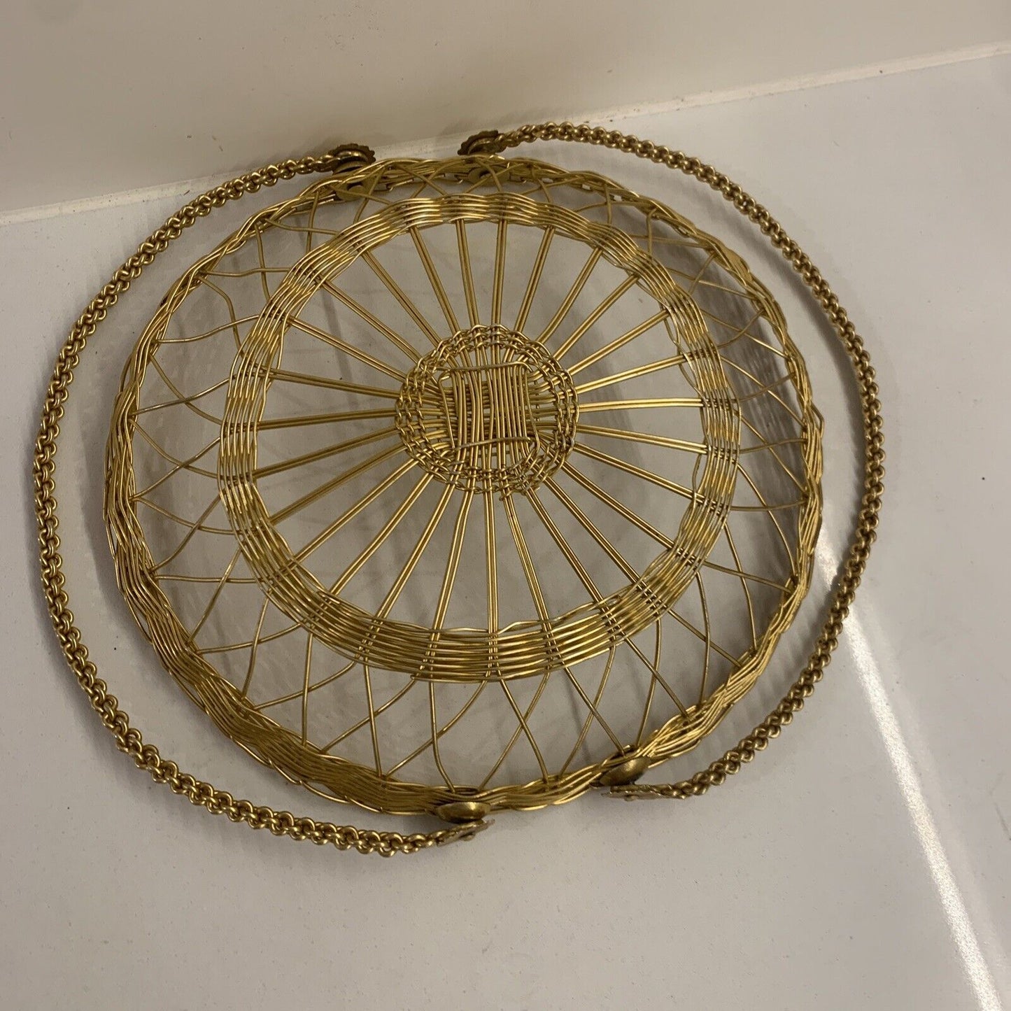 Vintage  Fine Brass Wire 2 Handled Basket Faust Screws Woven fits 15cm Plate