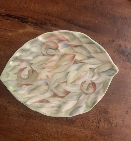 Vintage Leaf Shaped  Textured Plate Hand Painted Decorative 20cm June Watts AU