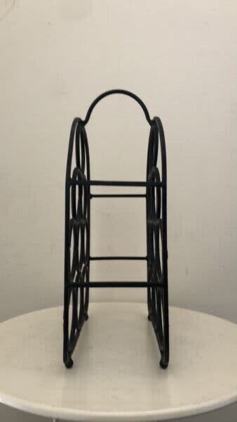 1980's Black WINE RACK Wrought Iton 9 bottles WineRack Handle Floor Bench Mobile