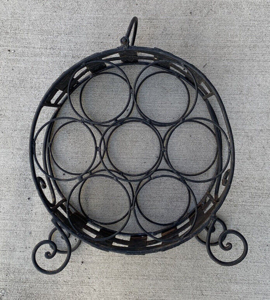 1980's Black WINE RACK Wrought Iton 9 bottles WineRack Handle Floor Bench Mobile
