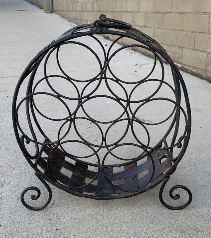1980's Black WINE RACK Wrought Iton 9 bottles WineRack Handle Floor Bench Mobile