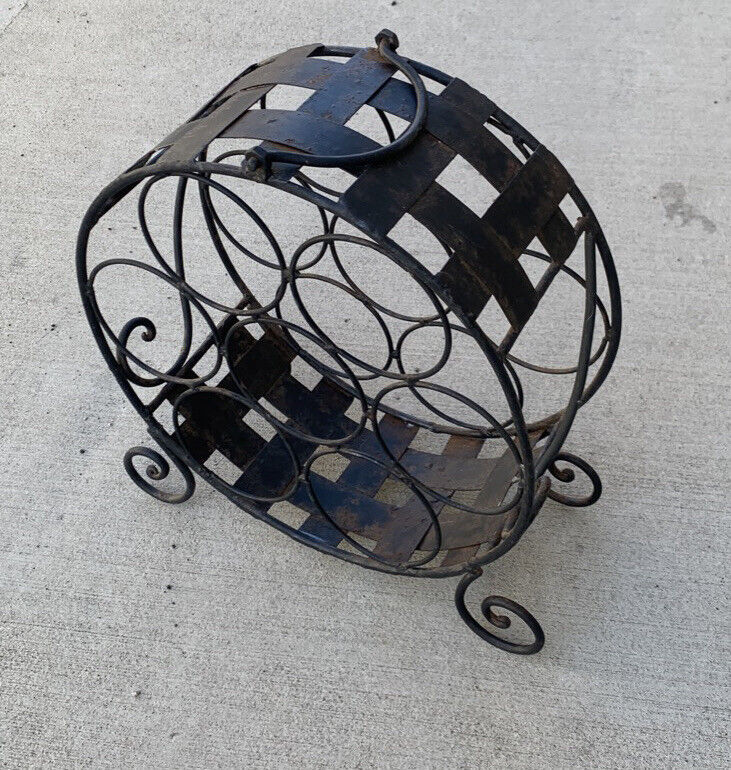 1980's Black WINE RACK Wrought Iton 9 bottles WineRack Handle Floor Bench Mobile