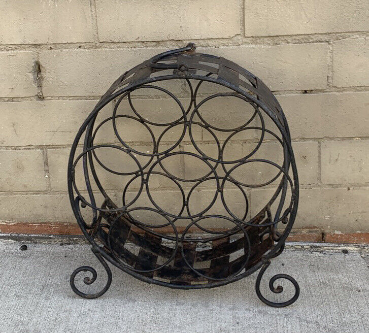 1980's Black WINE RACK Wrought Iton 9 bottles WineRack Handle Floor Bench Mobile