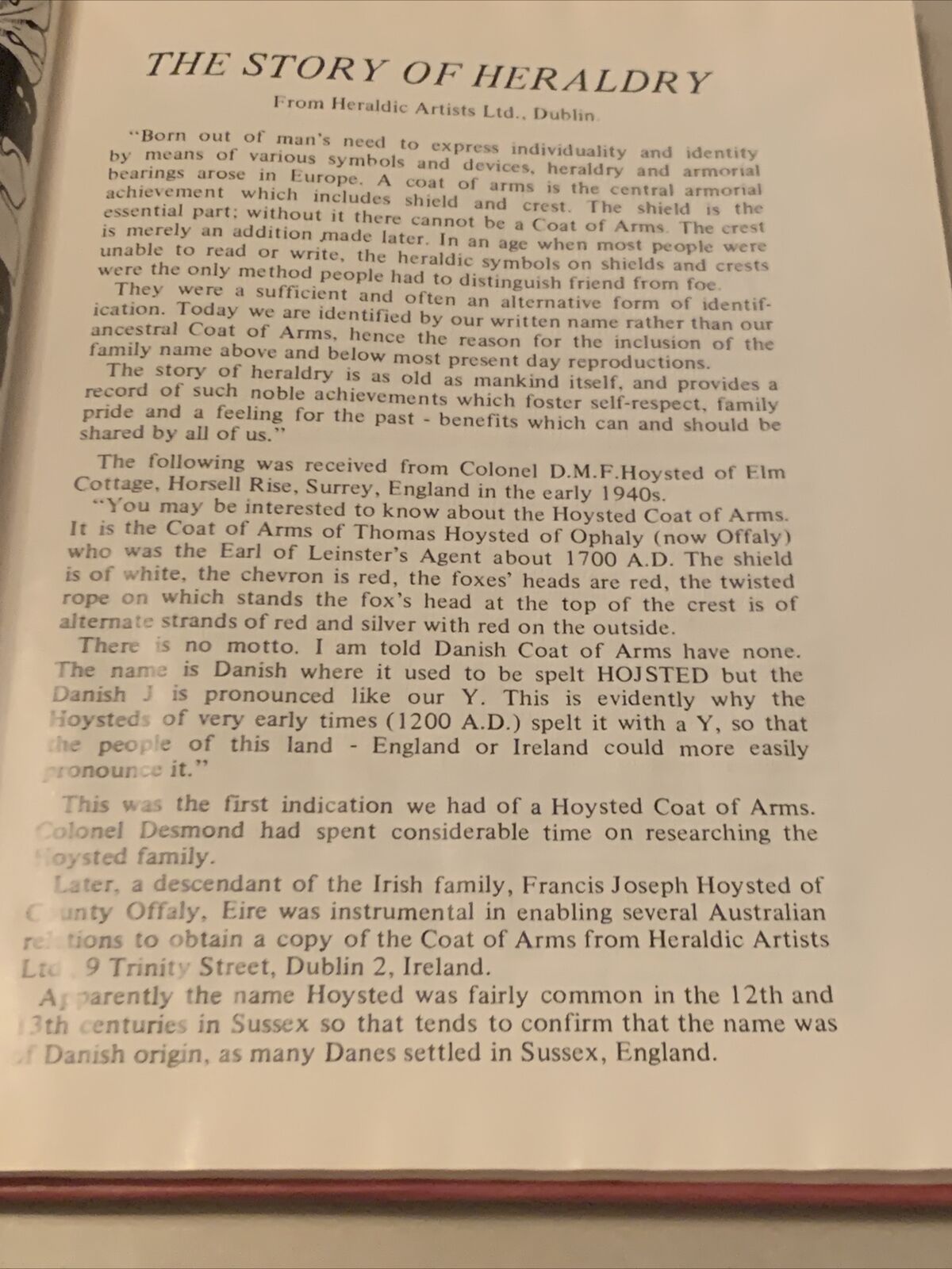 HC Book The HOYSTED FAMILY Kildare Una W Richards Family Reunion Committee 1988