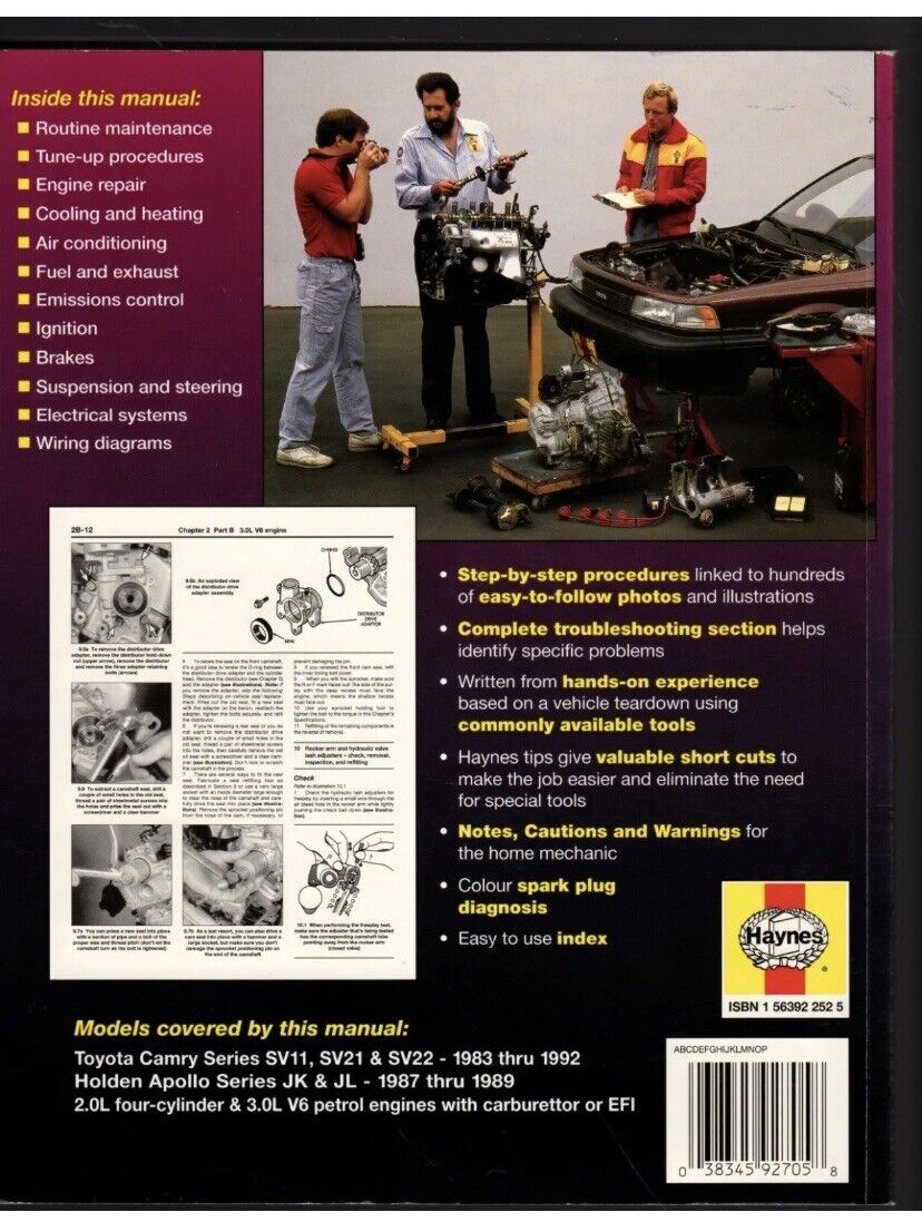 Haynes TOYOTA CAMRY Holden APOLLO Repair Manual 1983-1992 Teardown Rebuild Car