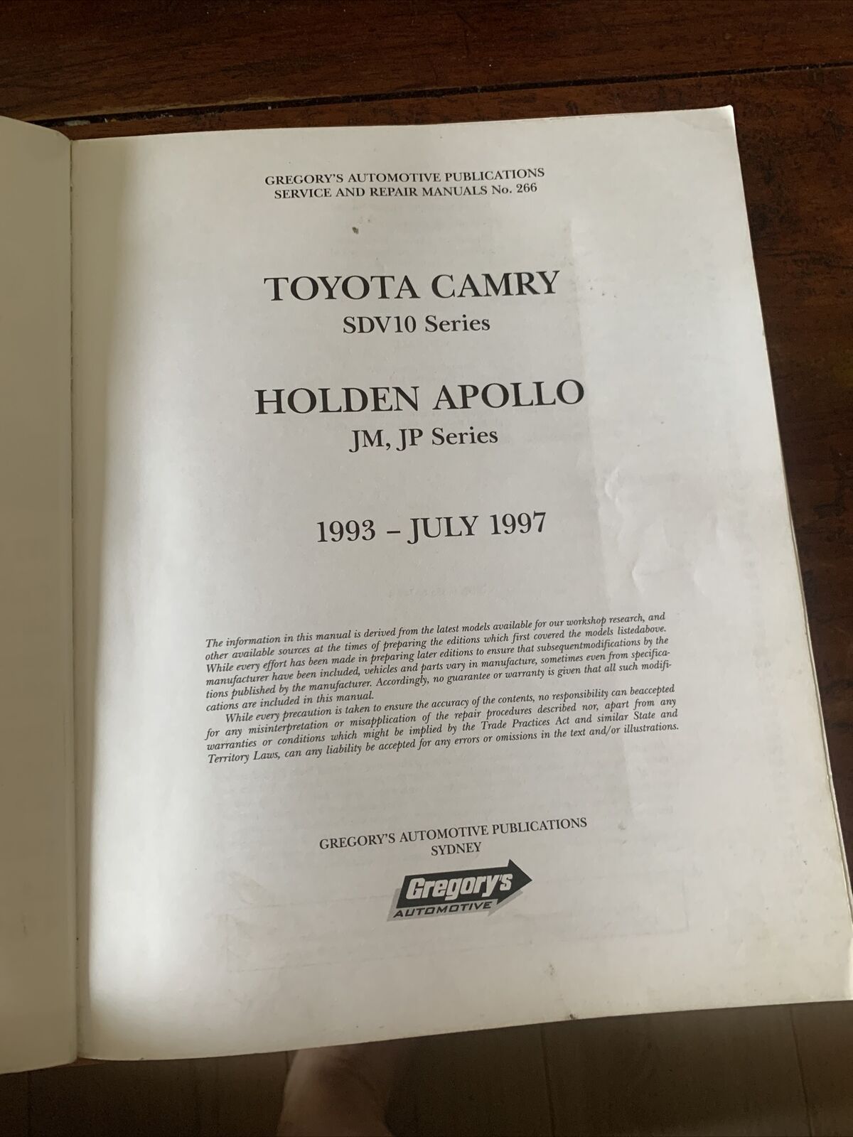 PB Toyota CAMRY APOLLO 1993 - 1997 Gregory's Service Repair Manual No 266 Car