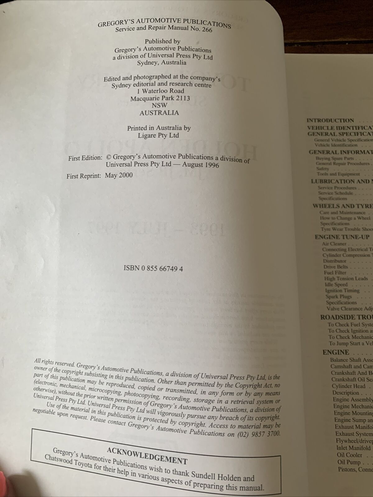 PB Toyota CAMRY APOLLO 1993 - 1997 Gregory's Service Repair Manual No 266 Car