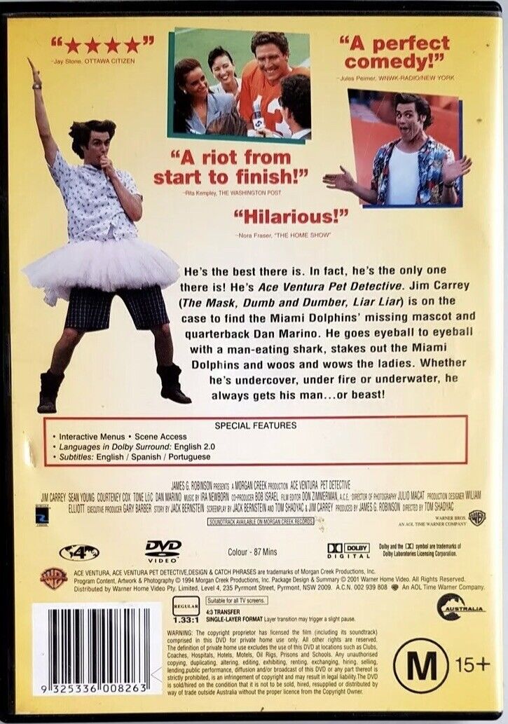 DVD ACE VENTURA PET DETECTIVE Comedy Jim Carey Additional Footage R4 Slapstick
