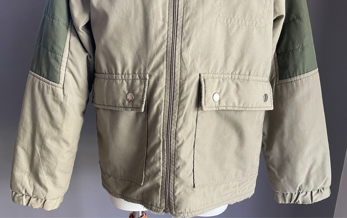 COLDWINDS Boys Jacket Parka Anorak Khaki Sherpa Lined Size 12 Warm Hoody 1970'S