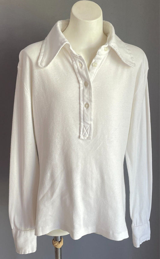 White Cotton Long Sleeve Top Size 14/Chest 90cm Collar Stretch Fabric