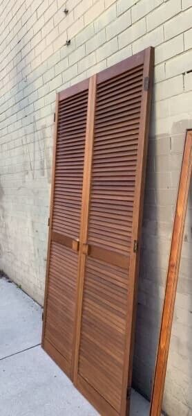 2 x Rustic French Louvre Doors 201x53cm Wooden Bifolds Louvres Shutters Cladding