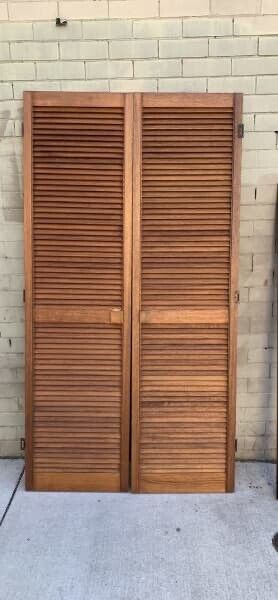 2 x Rustic French Louvre Doors 201x53cm Wooden Bifolds Louvres Shutters Cladding