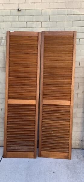 2 x Rustic French Louvre Doors 201x53cm Wooden Bifolds Louvres Shutters Cladding