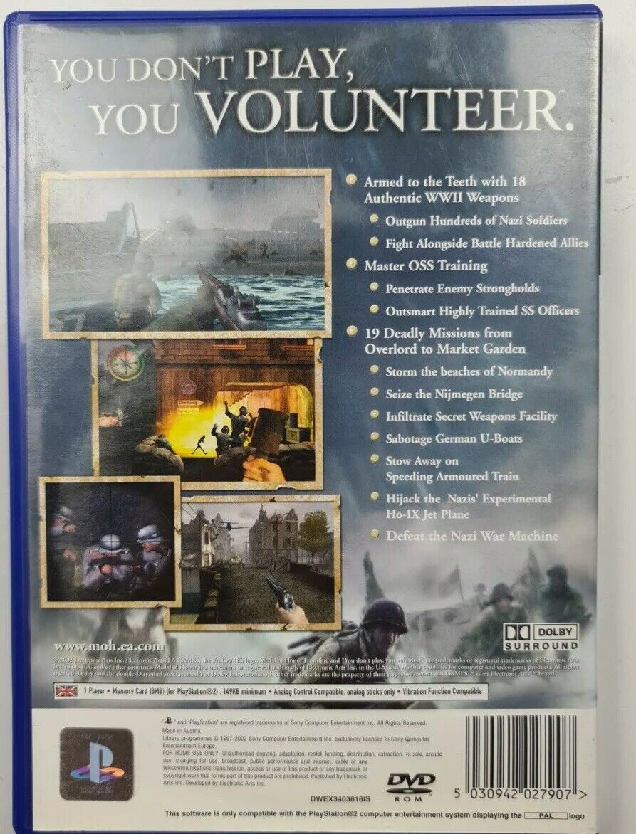 PlayStation 2 Medal Of Honor Frontline Sony PS2 Game + Manual in Case PAL
