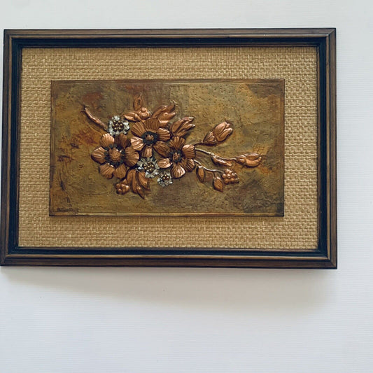 Framed COPPER ART Vintage Australian Blossoms 3D Beaten  Work Jute 52 x 37cm