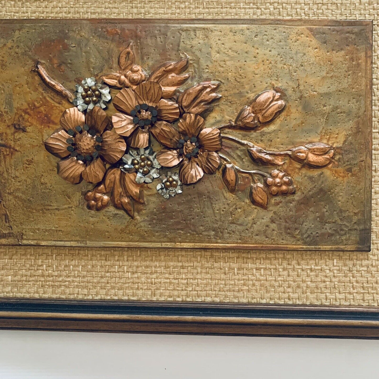 Framed COPPER ART Vintage Australian Blossoms 3D Beaten  Work Jute 52 x 37cm