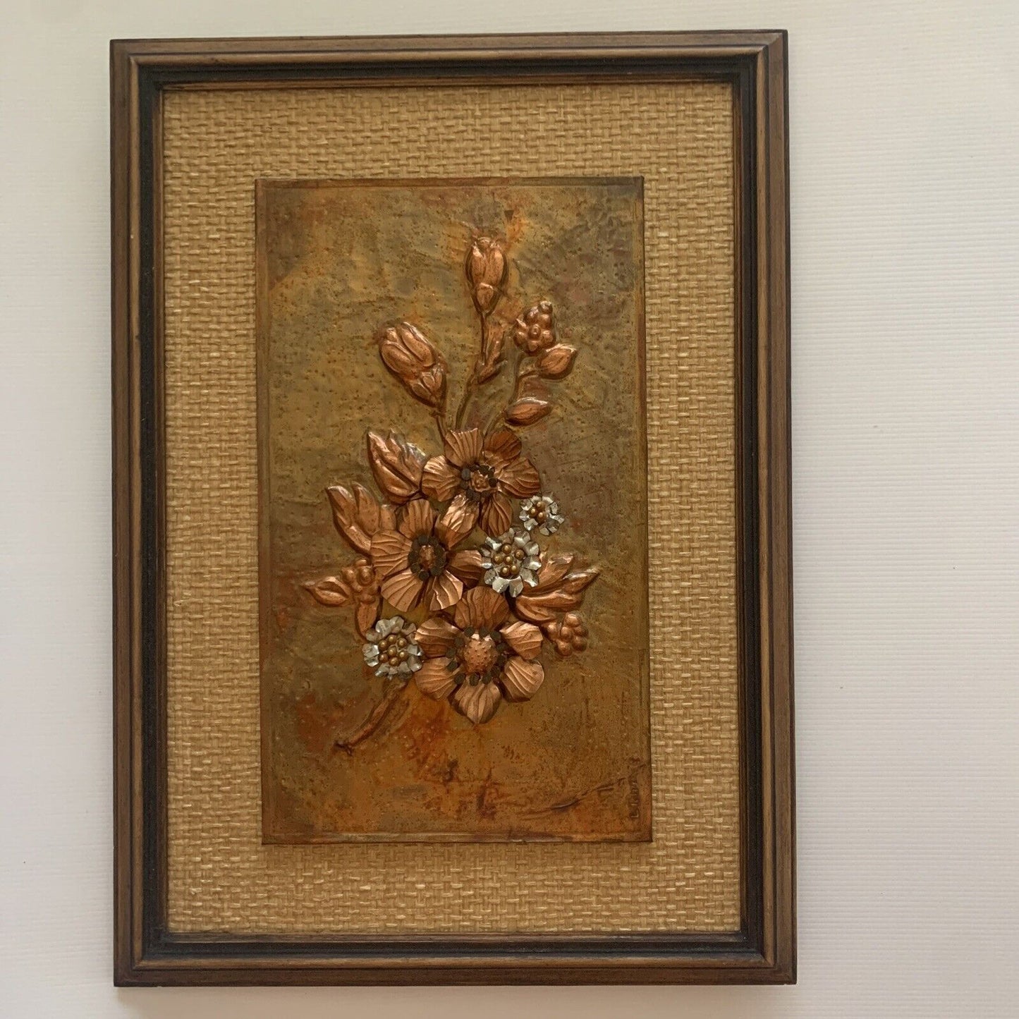 Framed COPPER ART Vintage Australian Blossoms 3D Beaten  Work Jute 52 x 37cm