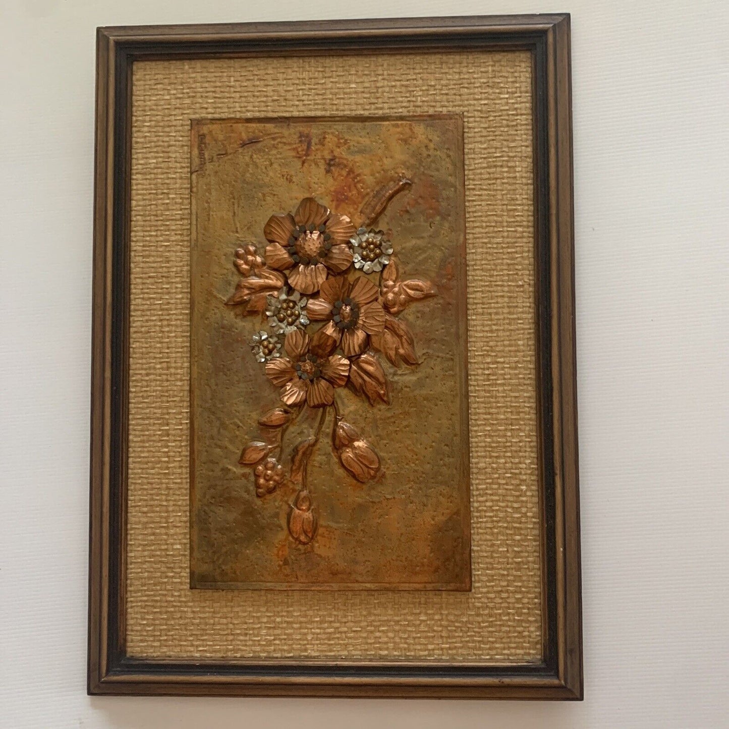 Framed COPPER ART Vintage Australian Blossoms 3D Beaten  Work Jute 52 x 37cm