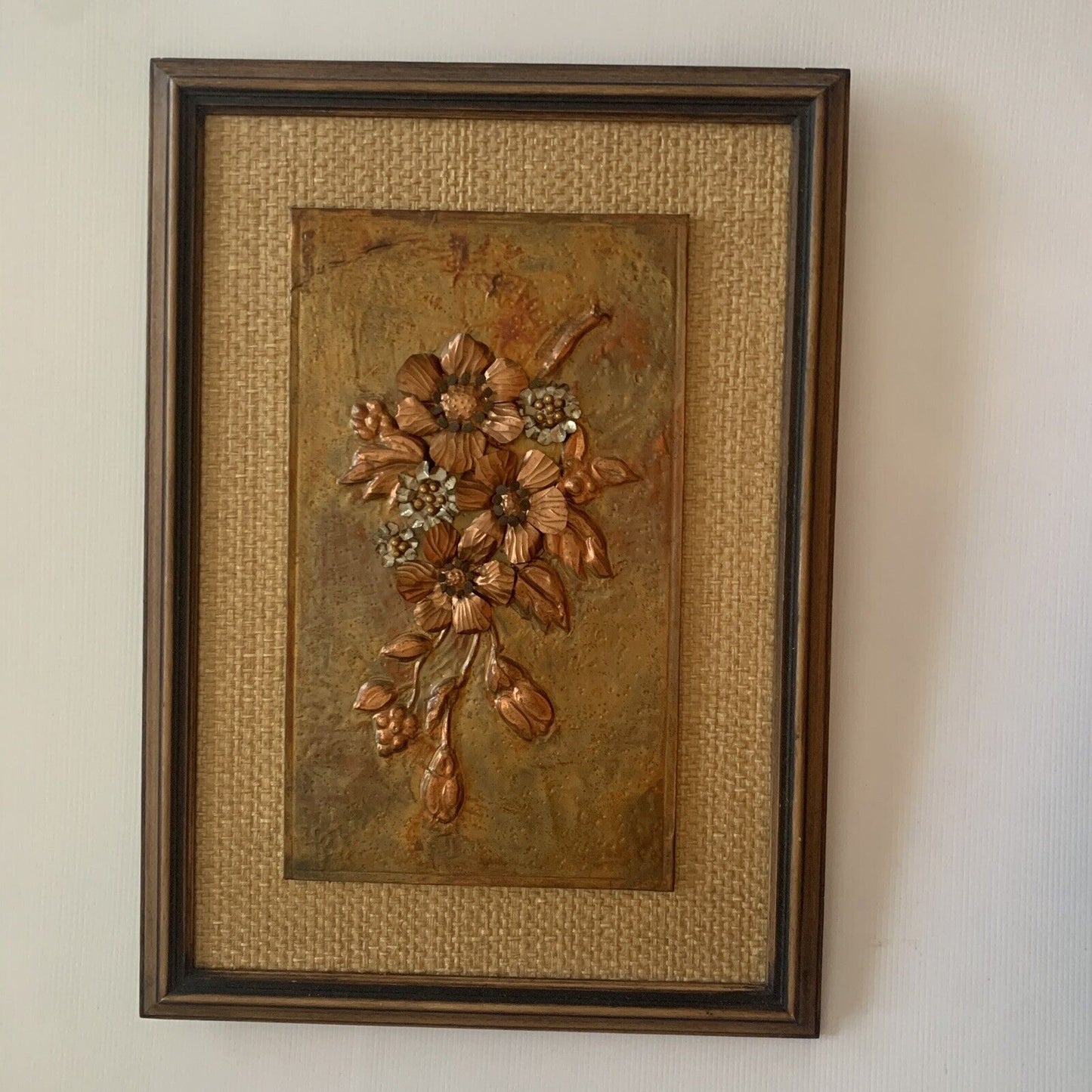 Framed COPPER ART Vintage Australian Blossoms 3D Beaten  Work Jute 52 x 37cm