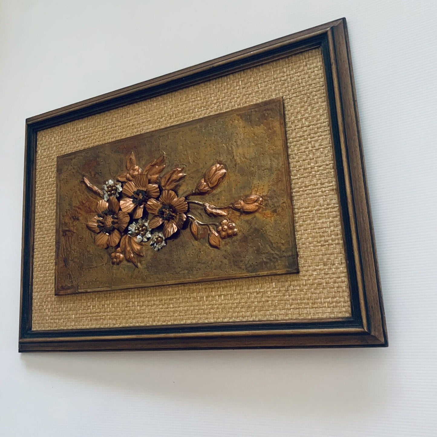 Framed COPPER ART Vintage Australian Blossoms 3D Beaten  Work Jute 52 x 37cm