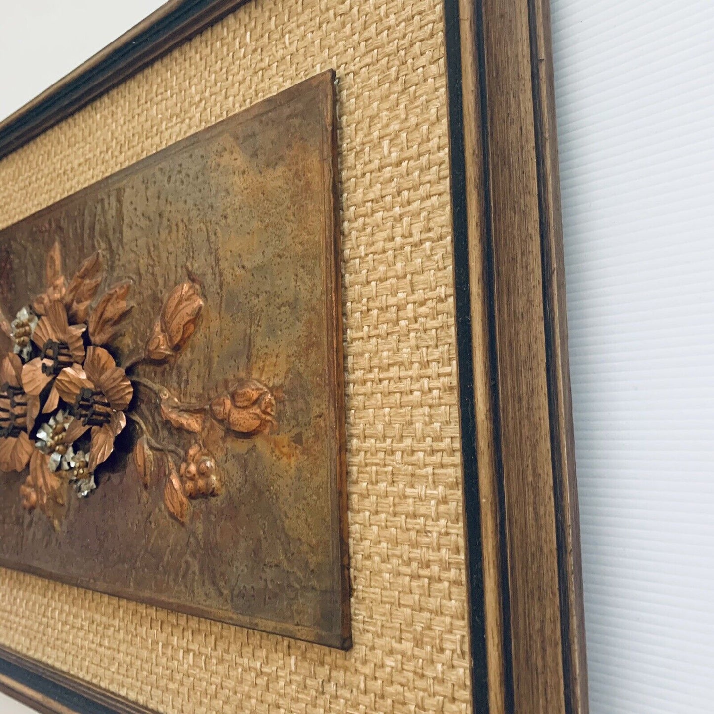 Framed COPPER ART Vintage Australian Blossoms 3D Beaten  Work Jute 52 x 37cm