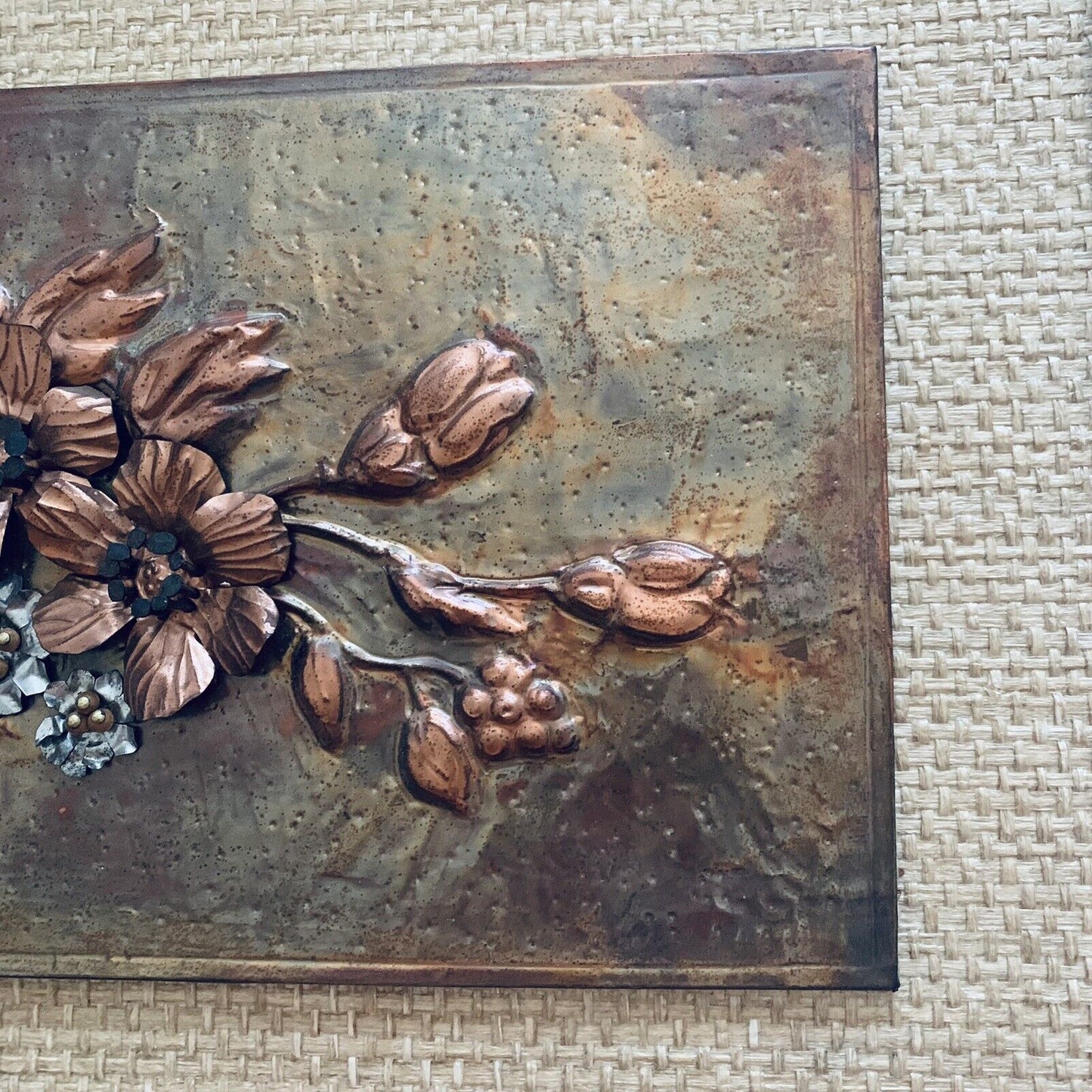 Framed COPPER ART Vintage Australian Blossoms 3D Beaten  Work Jute 52 x 37cm