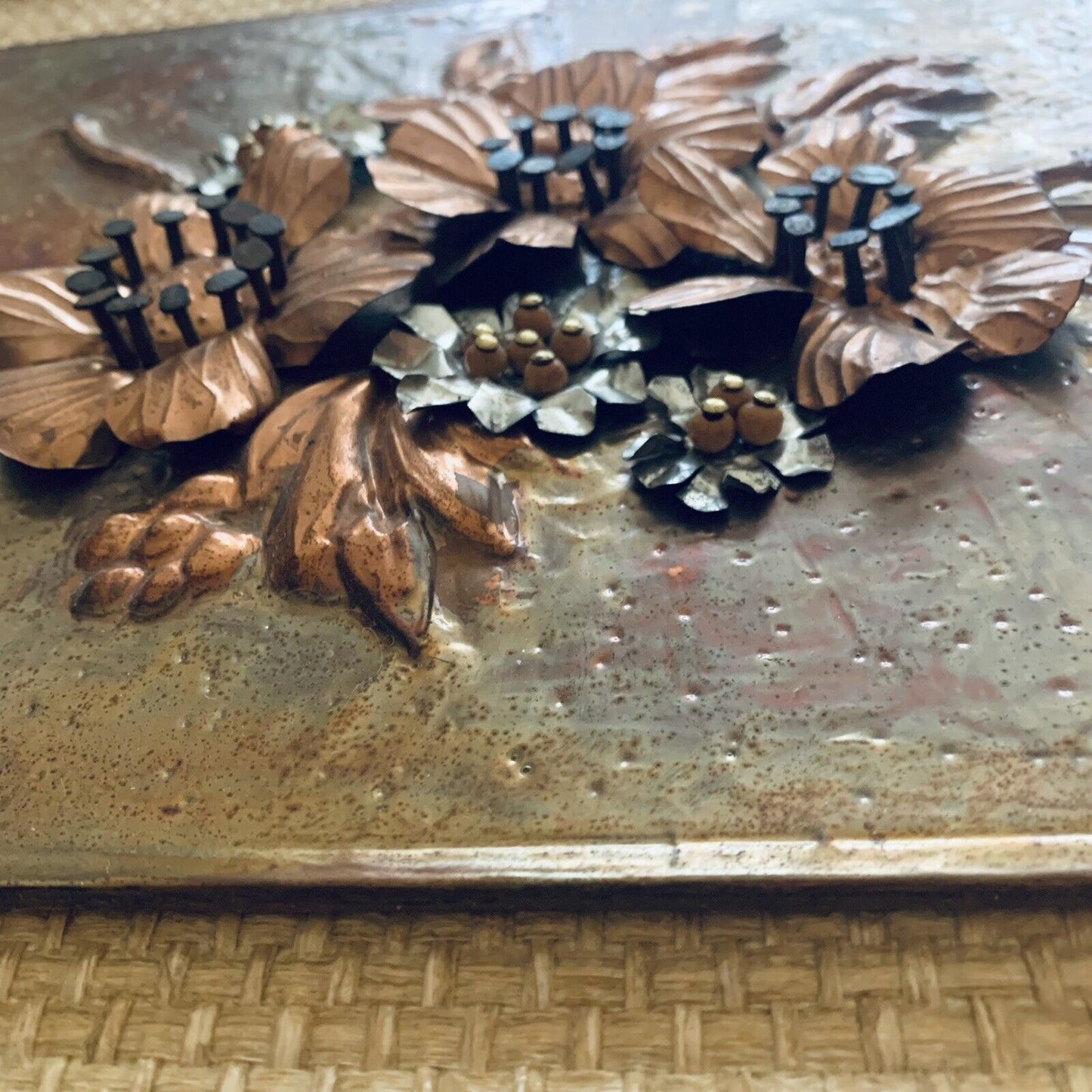 Framed COPPER ART Vintage Australian Blossoms 3D Beaten  Work Jute 52 x 37cm