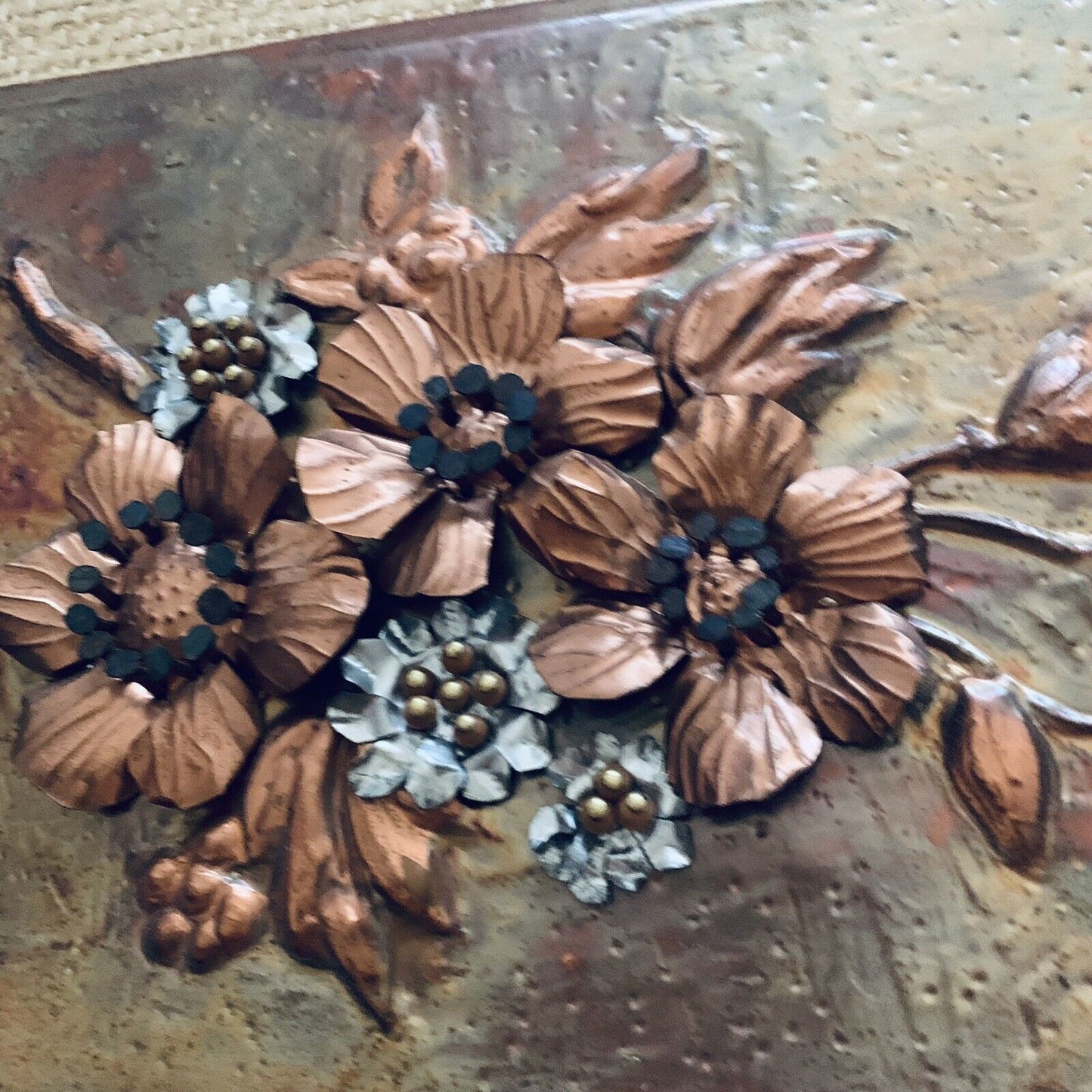 Framed COPPER ART Vintage Australian Blossoms 3D Beaten  Work Jute 52 x 37cm