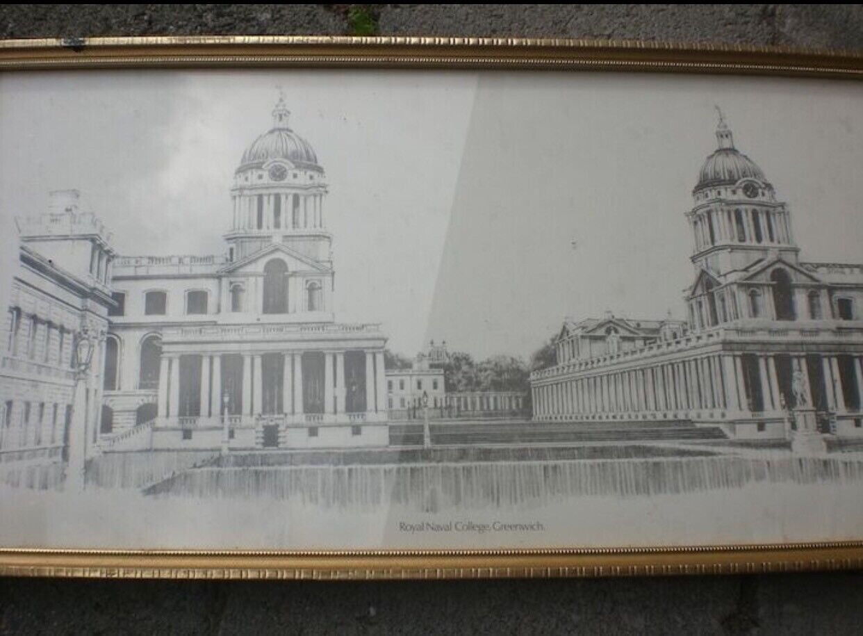 Framed ROYAL NAVAL COLLEGE GREENWICH Drawing Sketch RV Brown 1975 w Glass