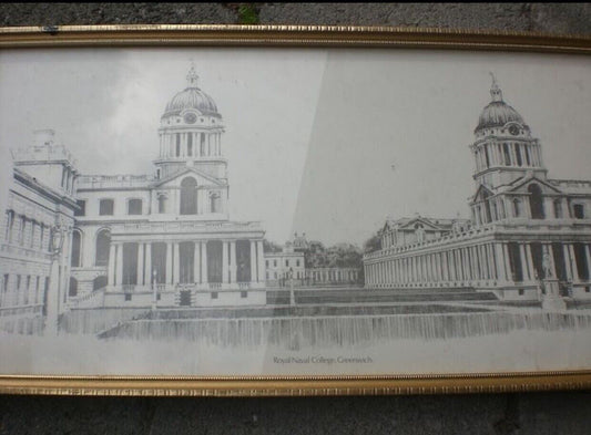 Framed ROYAL NAVAL COLLEGE GREENWICH Drawing Sketch RV Brown 1975 w Glass