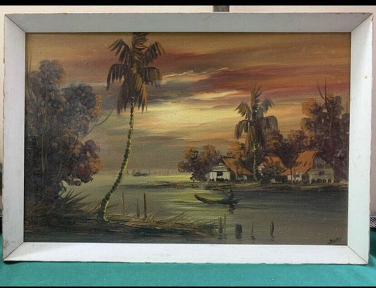 Framed Painting Original Vietnam Village 1950’s Framed Land & Water Scape Asian