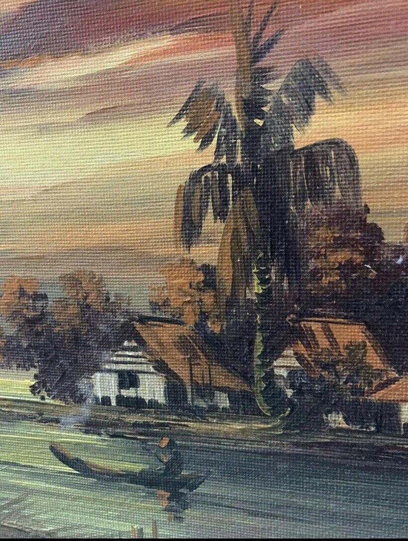 Framed Painting Original Vietnam Village 1950’s Framed Land & Water Scape Asian