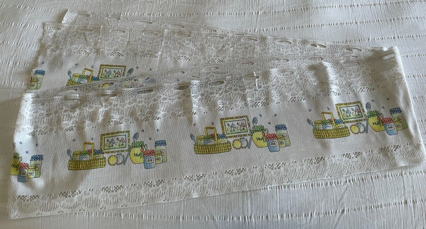 Vintage White Lace Picnic Print Kitchen CAFE CURTAIN Rod Loops H30 x 403cm L NOS