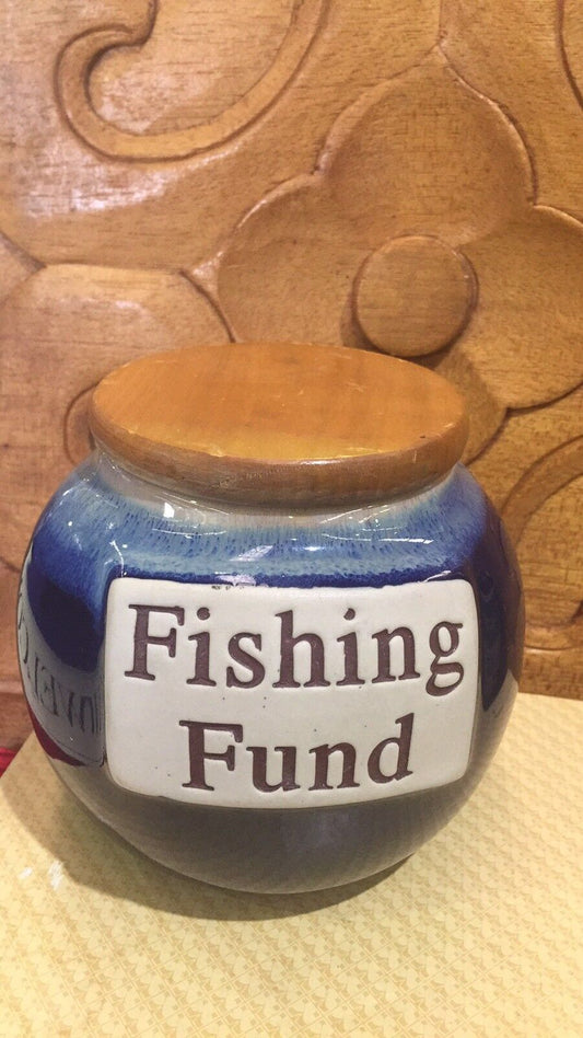Money Box 12cm BUMBLEWEED POTTERY “FISHING FUND” 1980’s Storage Pot Lid Hold All