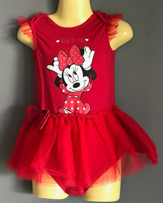 DISNEY BABY Red Minnie Mouse Romper Tulle Skirt Trim Toddler Stretch Girls Sz 2