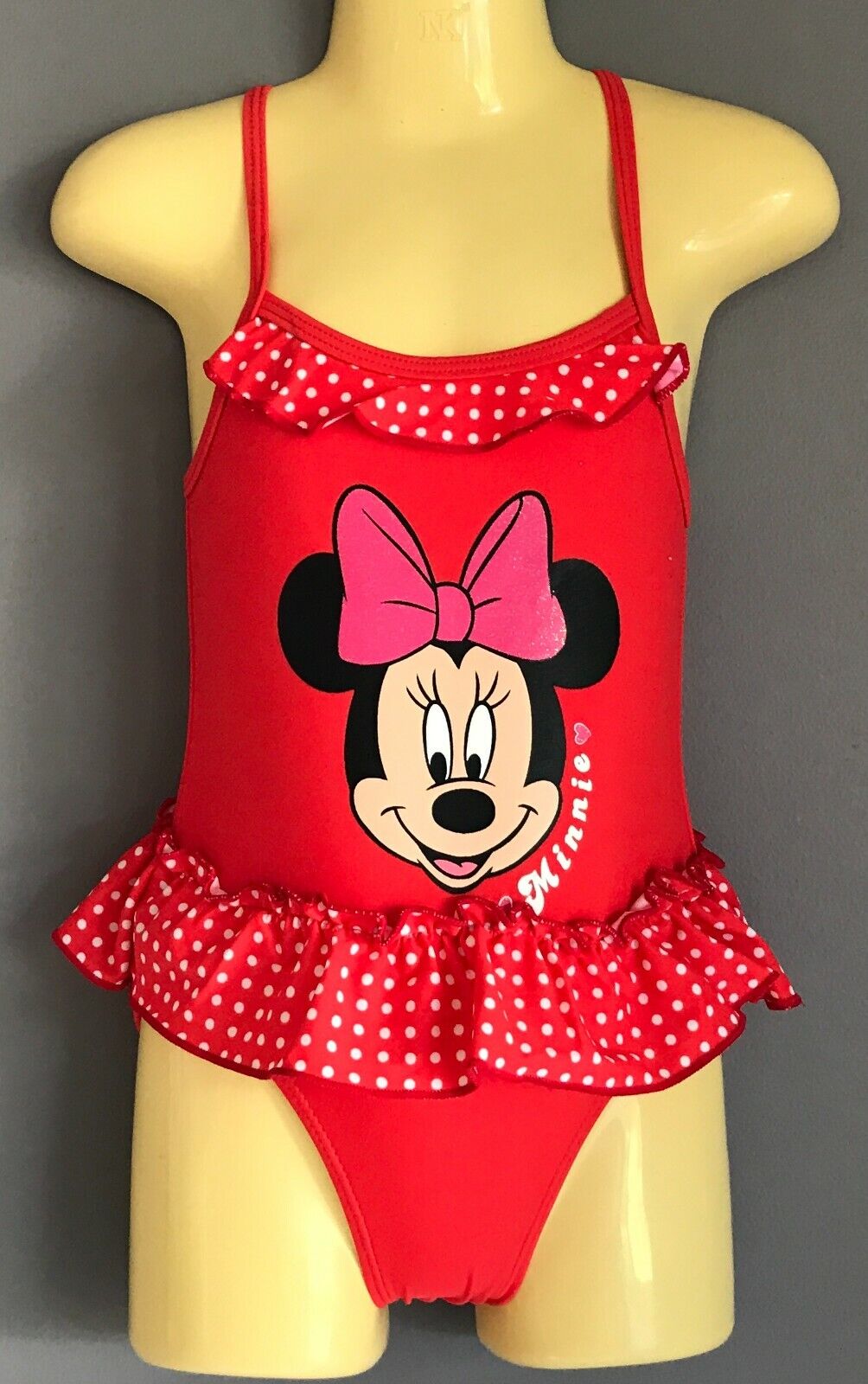 DISNEY Swimsuit Red Minnie Mouse Ruffle Cross Over Back One Piece Size 2 NEW