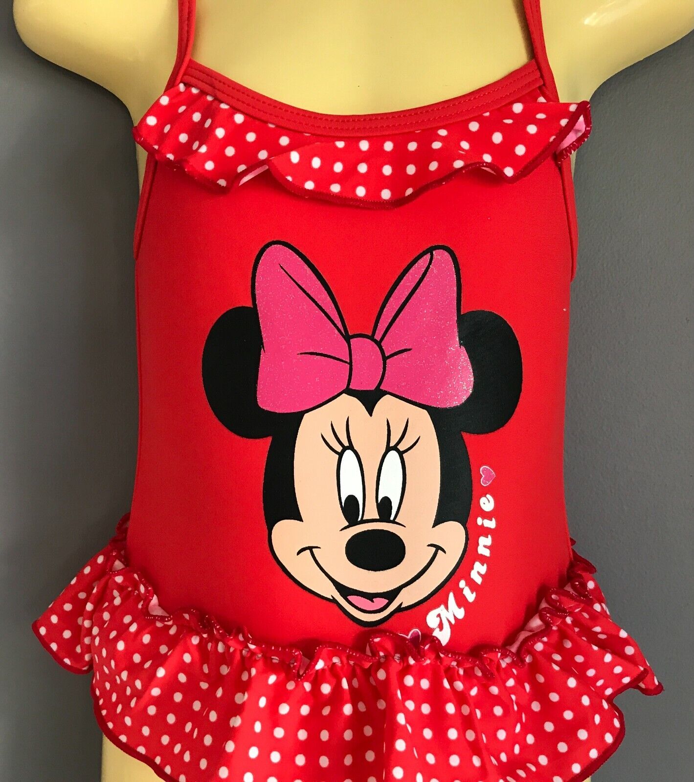 DISNEY Swimsuit Red Minnie Mouse Ruffle Cross Over Back One Piece Size 2 NEW