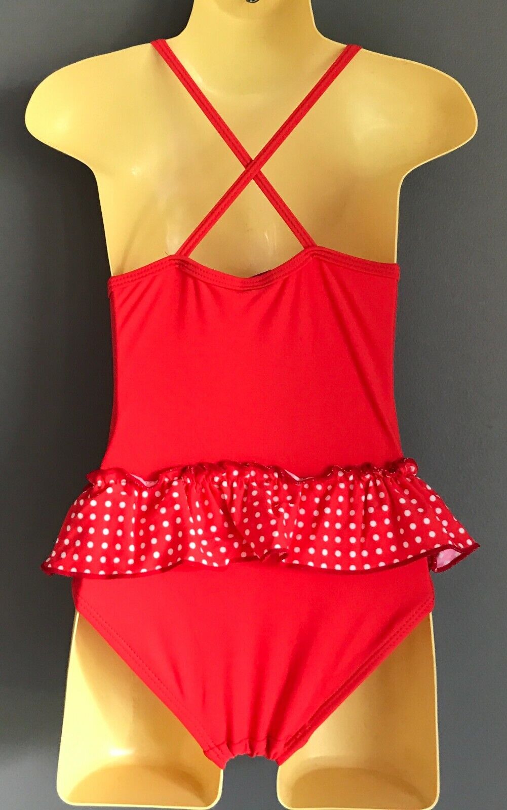 DISNEY Swimsuit Red Minnie Mouse Ruffle Cross Over Back One Piece Size 2 NEW