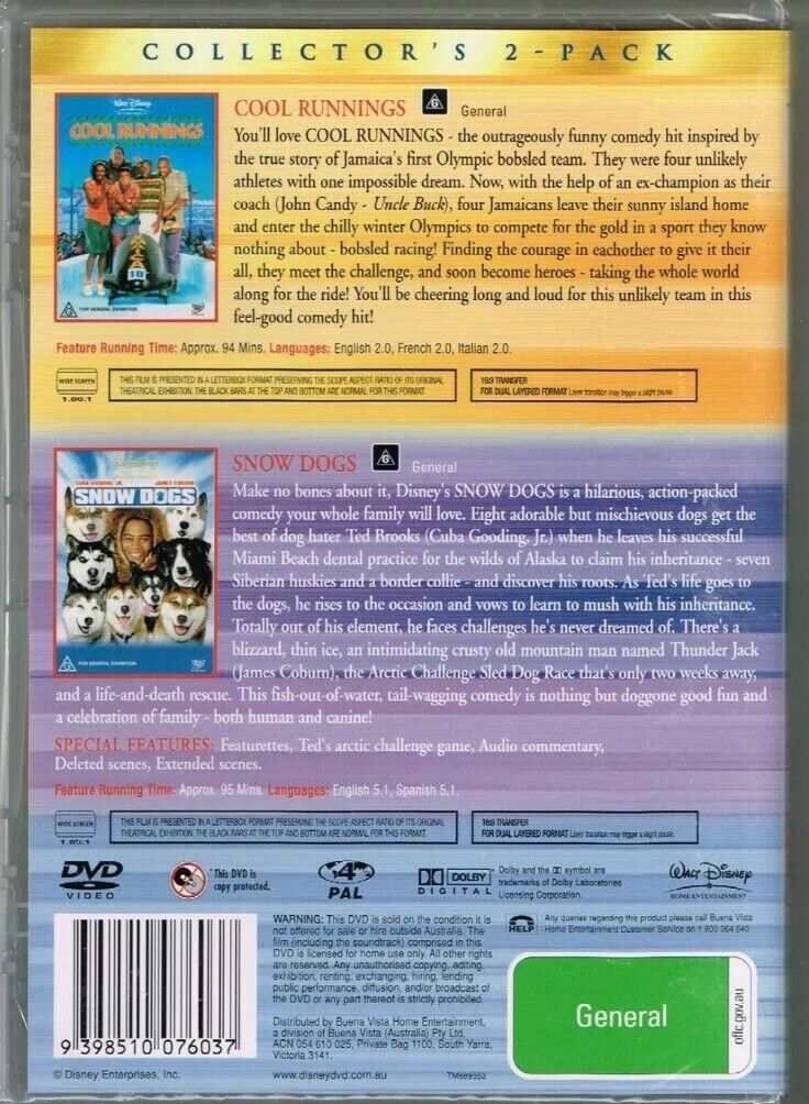 DVD COOL RUNNINGS & SNOW DOGS Walt Disney 2 Movie Family Comedy Pack Sealed NEW