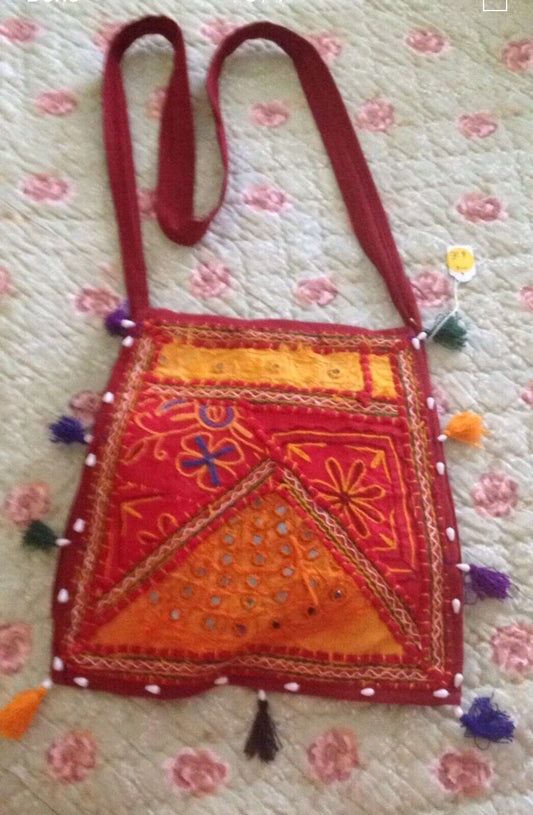 Indian SHOULDER BAG Handmade Boho Embellished Fabric Crossbody Square Shape NEW