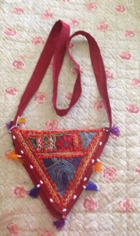 Indian SHOULDER BAG Boho Triangle Handmade Cotton Crossover Zip Top Flap NEW