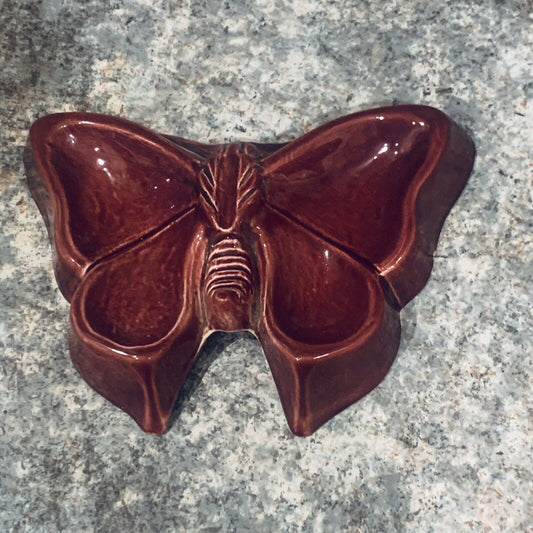 Vintage TRINKET DISH Glazed Ceramic BUTTERFLY Shaped Mould Soap Dish Maroon Red
