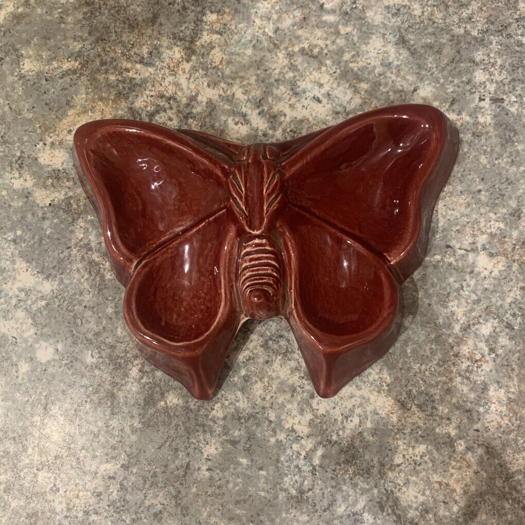 Vintage TRINKET DISH Glazed Ceramic BUTTERFLY Shaped Mould Soap Dish Maroon Red